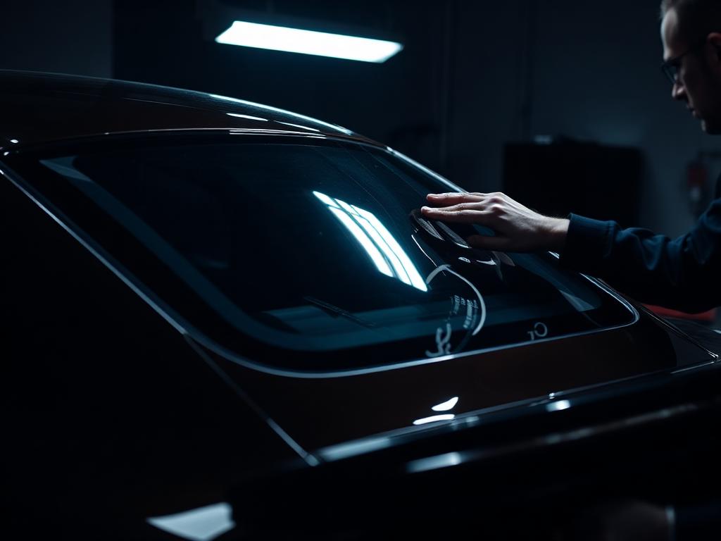 Certified installer applying window film in climate-controlled bay